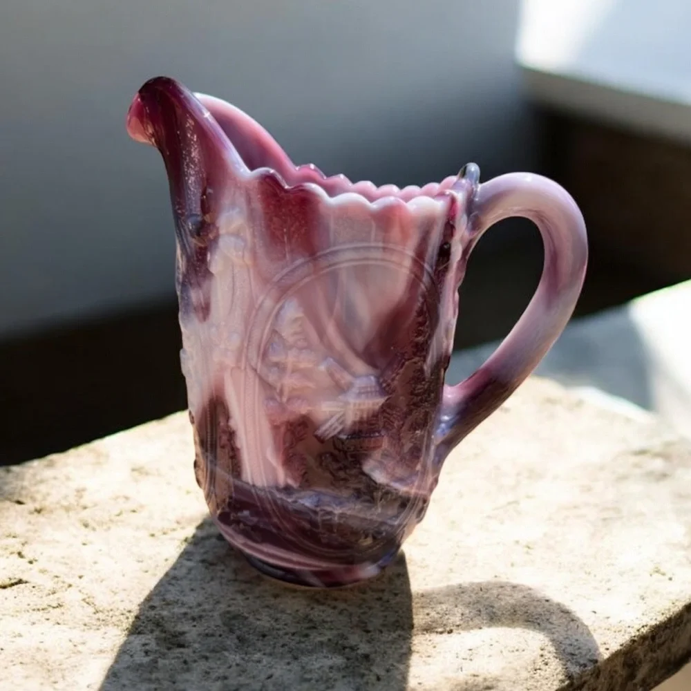 Vintage embossing windmill design glass pitcher
